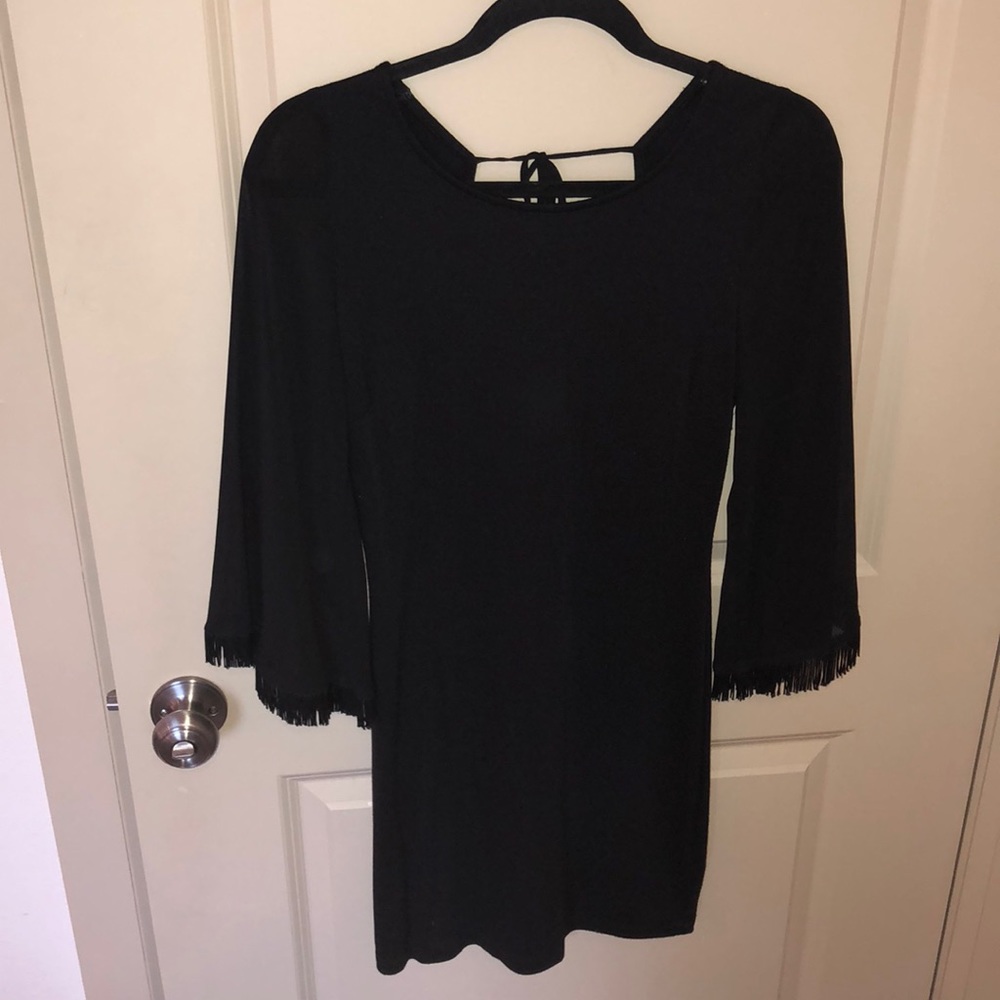 Black Dress with Flare Sleeves and Fringe trim
